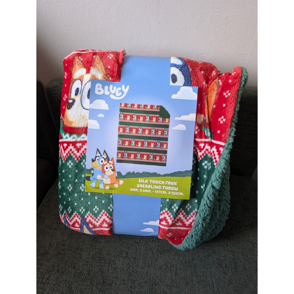 Bluey Christmas Faux Shearling Throw Blanket Silk Touch 50in x 60in Holiday New